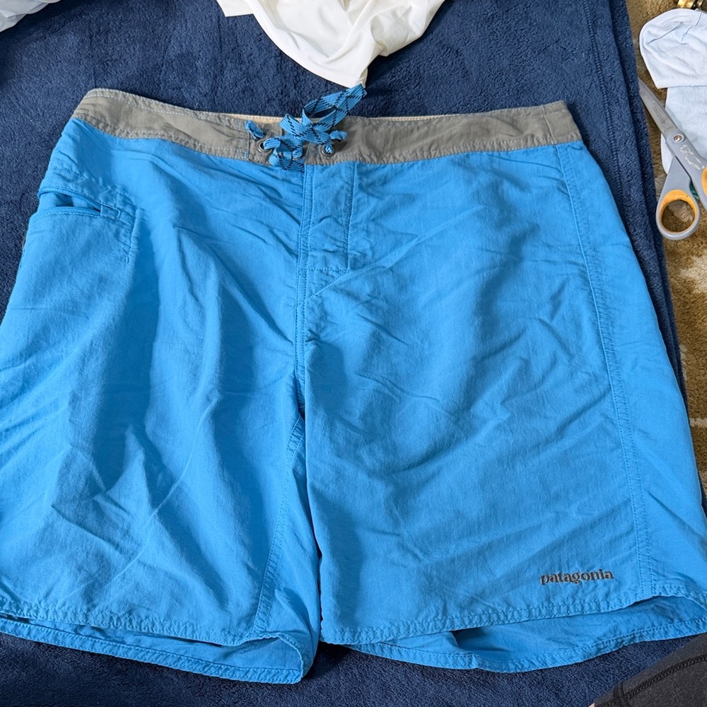 Patagonia Blue Swim Board Shorts with Gray Waistband